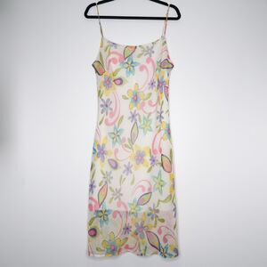 Sike Womens Midi Dress Size Large White Multicolor Chiffon Floral 90s Friends